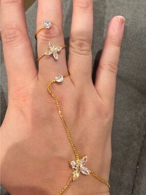 Gold-Tone Crystal Flower Hand Chain Bracelet with Ring